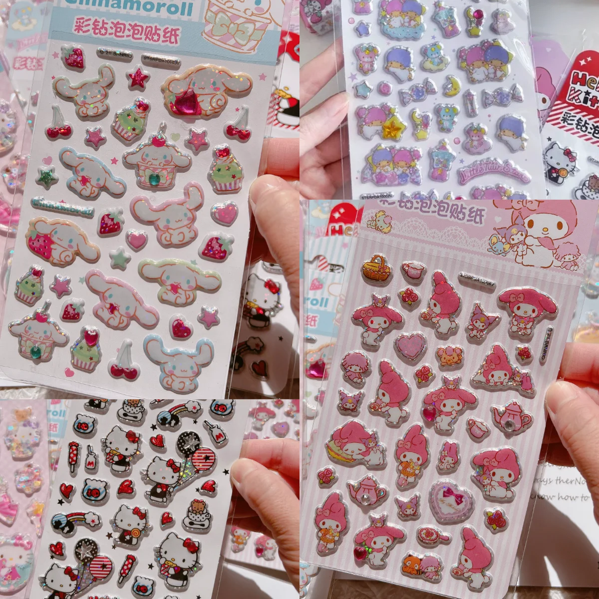 Sanrio Little Twinstars 컬러 다이아몬드 3D 스티커 Cinnamoroll 헬로 키티 레이저 스티커 스케이트 보드 기타 DIY 장식 장난감