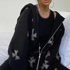 여성용 라인석 크로스 프린트 Y2k 집업 후디, E걸 90 년대 빈티지 긴팔 코트, 오버사이즈 고딕 재킷, 가을 상의, 패션