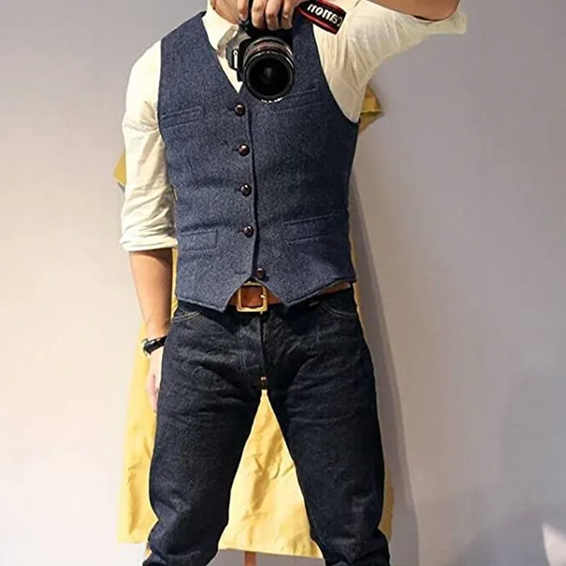 V 넥 남성 정장 조끼 캐주얼 클래식 공식 비즈니스 헤링본 트위드 슬림 피트 양복 조끼 웨딩 신랑 들러리