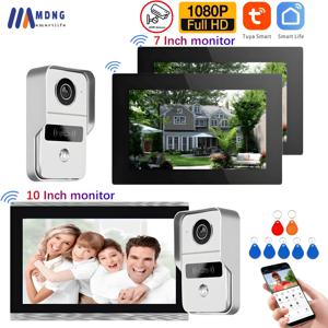 투야 무선 와이파이 스마트 비디오 도어폰 인터콤 시스템, 1080P RFID 방수 야외 카메라, 원격 잠금 해제 홈, 7 인치