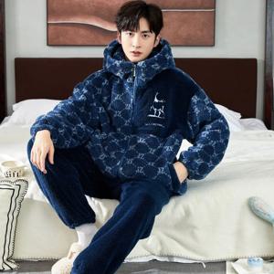 새로운 후드 잠옷 남성 가을 겨울 잠옷 산호 벨벳 두꺼운 Homewear 플란넬 후드 따뜻한 Loungewear 세트