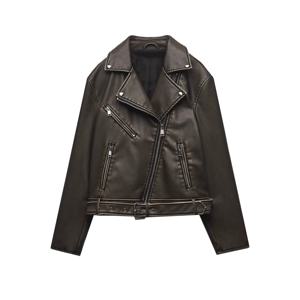 ZVRI 여성용 2024 빈티지 모조 가죽 모조 가죽, 기관차 타입 PU 재킷, 여성용 코트 탑, 신제품