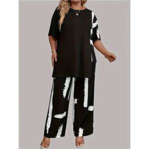 플러스 사이즈 여성용 브러쉬 프린트 반팔 라운드넥 스플릿 탑 및 매칭 바지, 우아함, 2 피스 복장 세트
