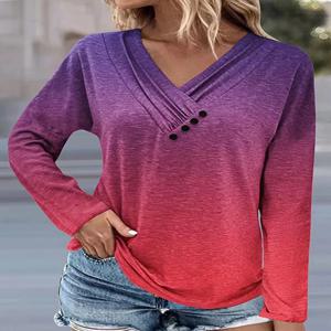 플러스 사이즈 캐주얼 여성 옴브레 단추 장식 구김, 긴팔 V넥, 약간 신축성 티셔츠