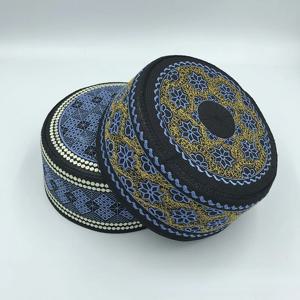 무슬림 남성용 플랫 탑 라운드 엣지 예배 모자, Hui 퍼포먼스 모자, 자수 블루 플라워 사우드 캡, 이슬람 옴므 쿠피 기도 보넷