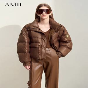 AMII 미니멀리스트 여성 다운 코트 2024 겨울 따뜻한 두꺼운 옷깃 스탠드 칼라 모조 가죽 오리 여성 자켓 12444025