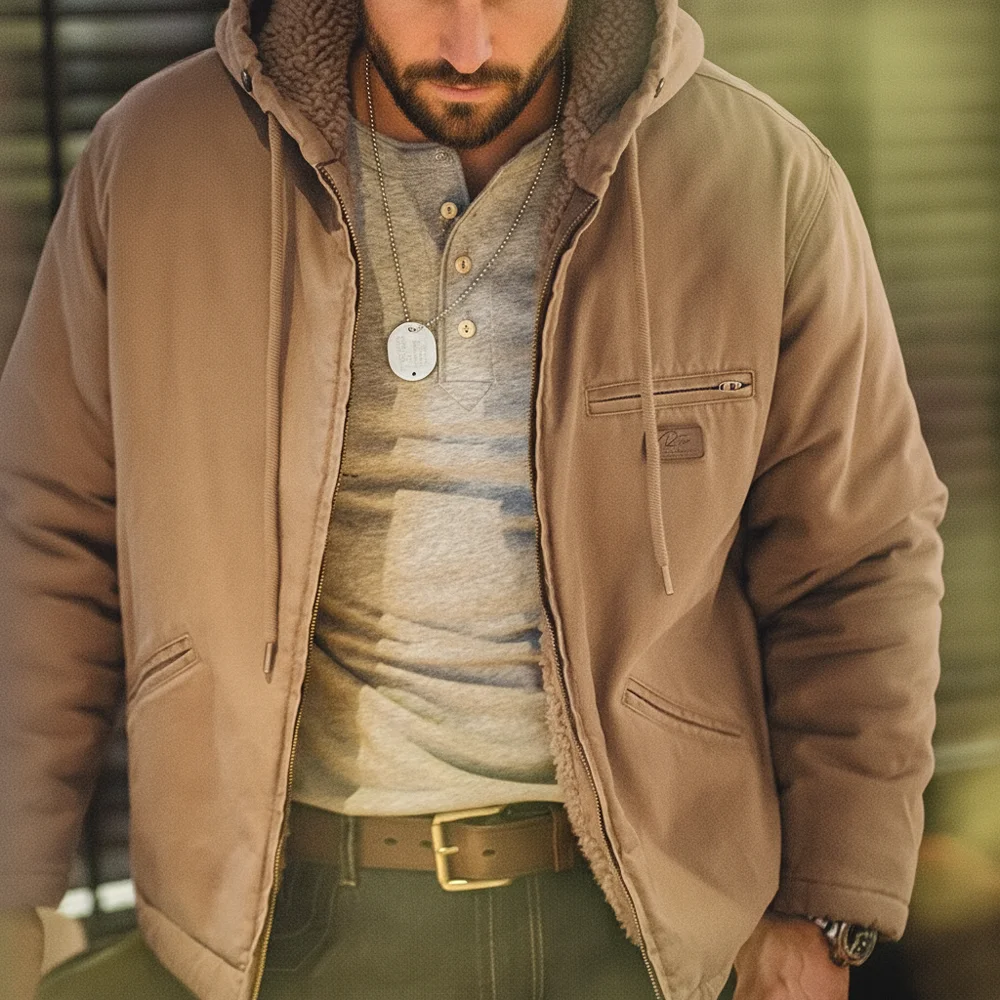 Maden Retro J141 액티브 후드 재킷 솔리드 컬러 셰르파 플리스 코튼 패딩 코트, 벨벳 따뜻한 캔버스 겉옷 남성용