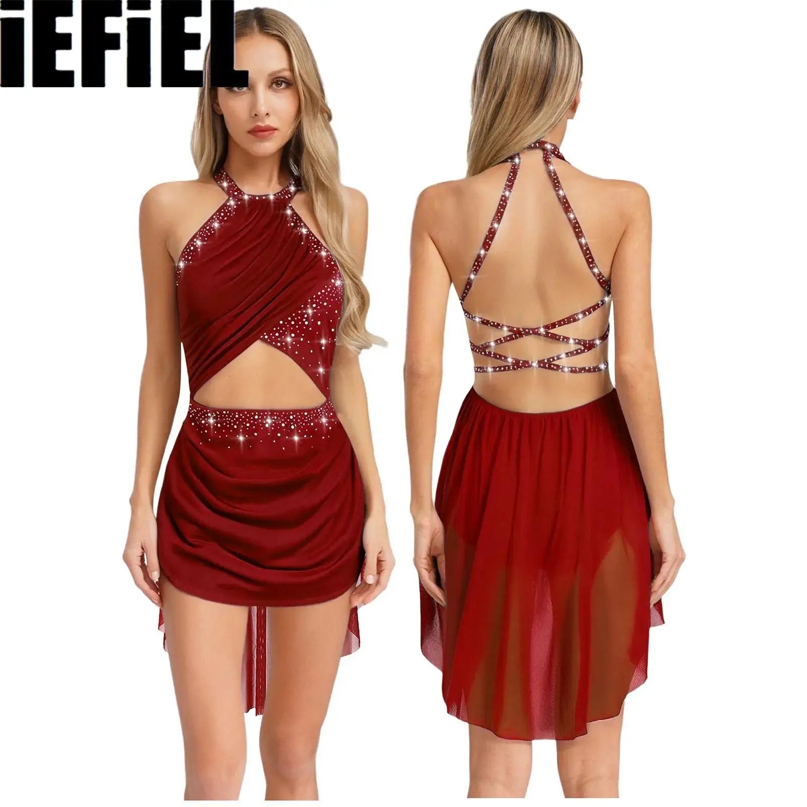 여성용 서정적 댄스 원피스 퍼포먼스 코스튬, 컷아웃 스트랩, 백리스 쉬어 메쉬 오버레이, 반짝이는 라인석 레오타드 원피스