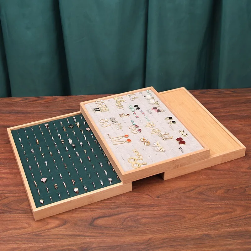 패션 대나무 나무 벨벳 100 자리 반지 디스플레이 트레이 쥬얼리 스터드 귀걸이 스토리지 플레이트 보석 카운터 쇼케이스 소품