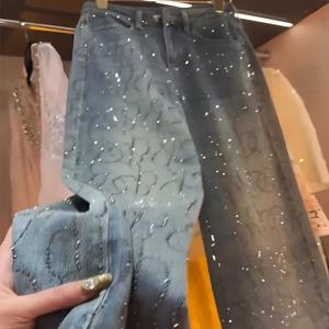 여성용 다이아몬드 청바지 반짝 이는 높은 허리 느슨한 넓은 다리 데님 바지 블루 라인 석 Mopping 바지 streetwear 패션 바지