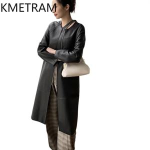 여성용 진짜 가죽 재킷, 진짜 양가죽 블랙 롱 트렌치 코트, 겨울 외투, 여성 의류, 2024 신상