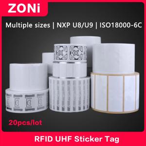 RFID UHF 인레이 스티커 코팅 종이 태그, 전자 PET 라벨, 18000-6C EPC 클래스 1 Gen 2 860-960MHz U8/U9 칩, 915 MHz, 20PCs