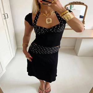 Tossy 패치 워크 패션 2 피스 세트 여성용 미니 스커트 레이스 업 대비 백리스 크롭 탑과 하이 웨스트 스커트 세트 여성