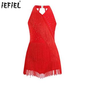 여아용 라틴 레오타드 원피스 댄스 코스튬 라인스톤 프린지 바디수트 스커트, 원피스 홀터, V넥 민소매 태슬 점프수트