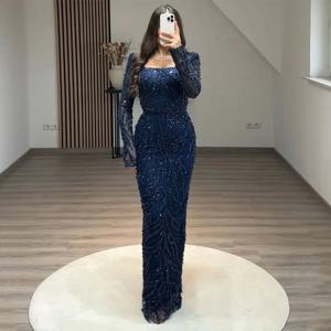 맞춤형 반짝이는 이브닝 원피스, 스퀘어 넥, 긴 소매 구슬 장식, 스팽글 시스, 미인 대회 파티 가운, 공식 무도회 드레스