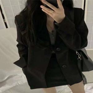 플러스 사이즈 캐주얼 블랙 수트 재킷 한국 스타일 출퇴근용 단색 긴팔 얇은 버전 스트리트 패션 루즈핏 탑