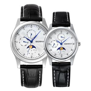 BERNY 커플 쿼츠 시계 남자/여자를위한 진짜 달 단계 달력 시계 우아한 럭셔리 여성 손목 시계 선물 상자 세트