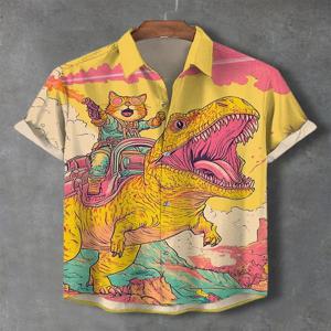 남성용 고양이 그래픽 셔츠 여름용 반팔 버튼 다운 라펠 셔츠 오버 사이즈 탑 휴가 캐주얼 하와이안 셔츠