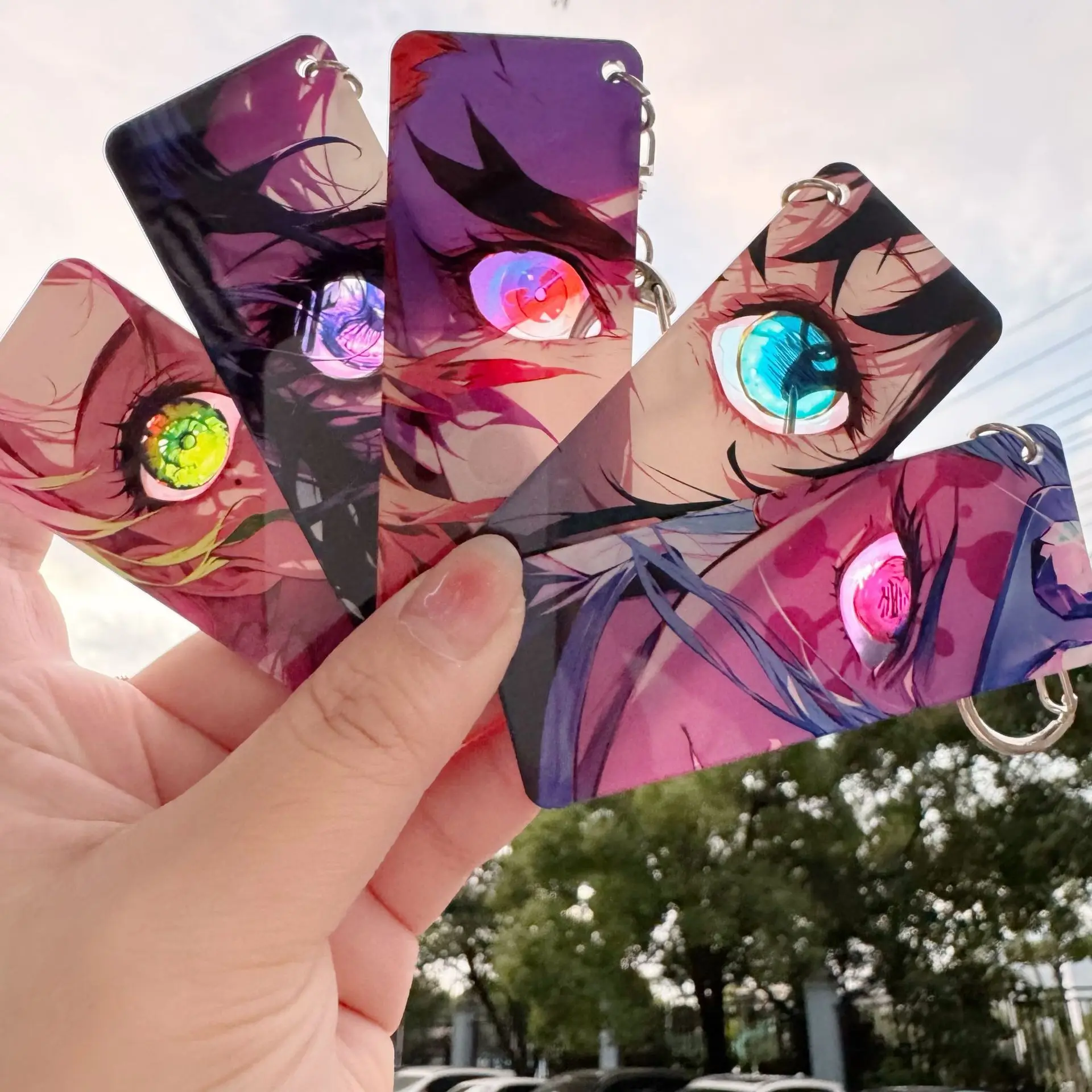 애니메이션 슬레이어 키체인 렌고쿠 쿄쥬로 귀멸의 칼날 반짝이는 눈 양면 광투과 키 백팩 펜던트