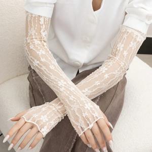 여름 긴 핑거리스 장갑 여성 태양 보호 슬리브 장갑 레이디 얇은 레이스 메쉬 팔 슬리브 선 스크린 Uv 통기성 장갑