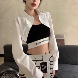 여성을위한 여름 새로운 패션 슈퍼 짧은 셔츠 streetwear 높은 허리 긴 소매 블라우스 여성 솔리드 컬러 모든 경기 자르기 탑
