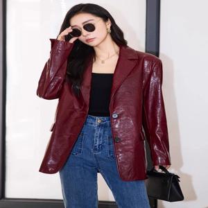 여성을위한 빈티지 정품 가죽 블레이저 자켓 봄 가을 2025 새로운 하이 엔드 단순 소프트 오일 왁스 진짜 염소 가죽 가죽 코트