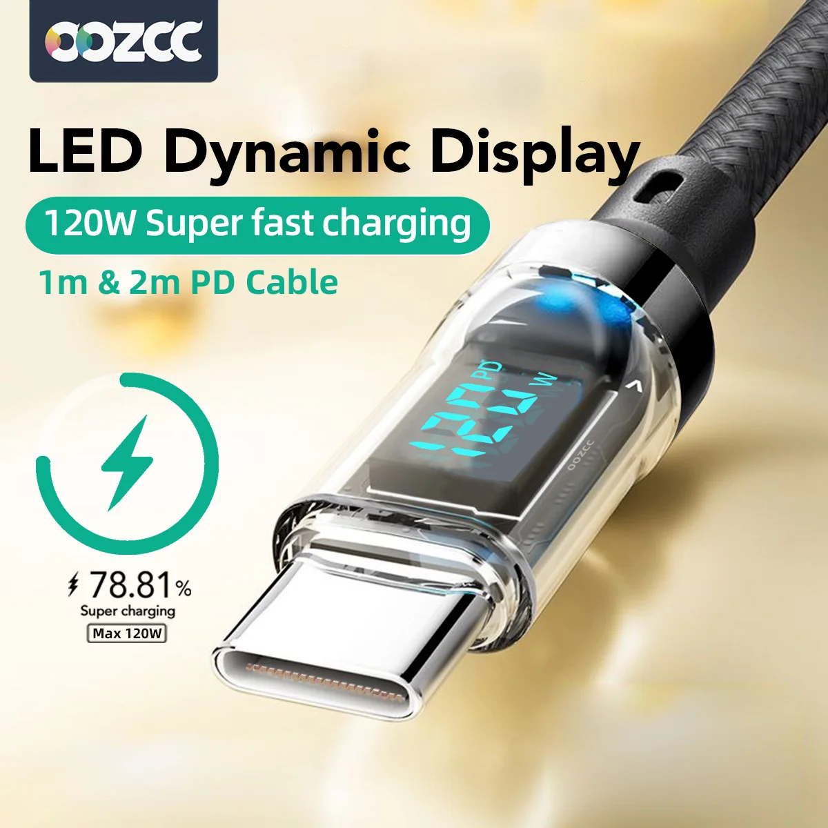 OOZCC LCD 와트 디스플레이 케이블, 120W 초고속 충전 USB 유형 C 케이블 데이터 전송, IPhone14 Pro Max용 USB A-Lightning