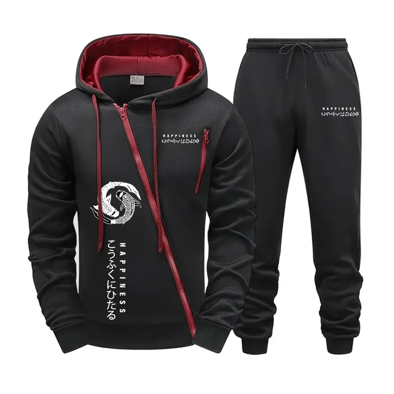 일본 패션 Tracksuit 지퍼 업 후드 블랙 스웨트 남성 야외 캐주얼 스포티 오토바이 타고 다재다능한 후드 의상