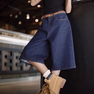 마덴 뉴 빈티지 네이비 헤비웨이트 데님 반바지 여성 여름 자수 팬츠 YKK 지퍼 와이드 레그 스트레이트 캐주얼 청바지