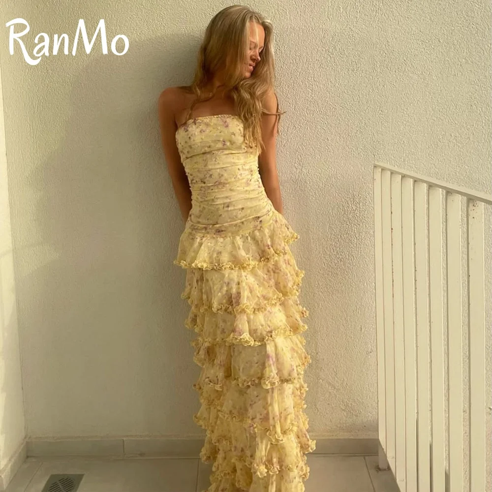 Ranmo 2025 우아한 꽃무늬 Strapless 이브닝 드레스 사우디 아라비아 바닥 길이 계층화 된 매혹적인 댄스 파티 드레스 맞춤형 파티 드레스