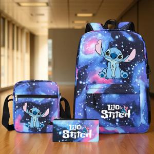 스티치 내구성 배낭 세트, 어깨 가방 및 필통이 포함된 대용량 학생 배낭, 청소년에게 이상적, 학교 용품