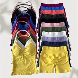 2피스 임팩트 짐 세트 여성 백리스 탱크탑 하이웨이스트 스크런치 심리스 숏팬츠 짐 슈트 피트니스 의류 액티브웨어 운동복 세트