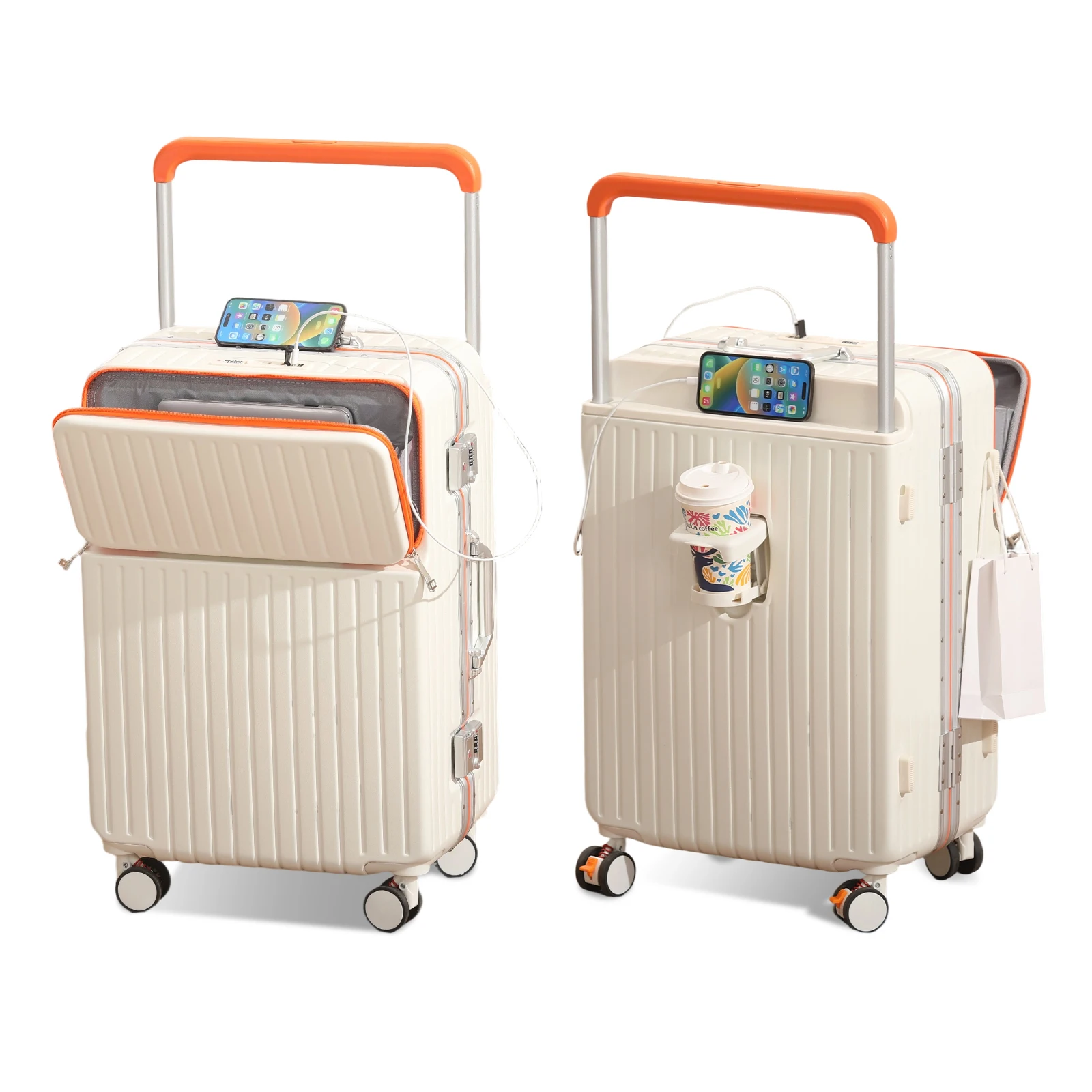 AIWEINY 수하물 알루미늄 프레임 하드 쉘 트롤리 케이스, TSA 잠금 장치, 컵 홀더 및 전화 홀더 포함, USB, 20