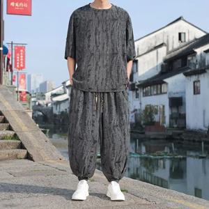 남성용 중국 스타일 Hanfu 세트, 여름 얇은 반팔 바지 느슨한 패션 라이트 럭셔리 티셔츠 찢어진 투피스 세트