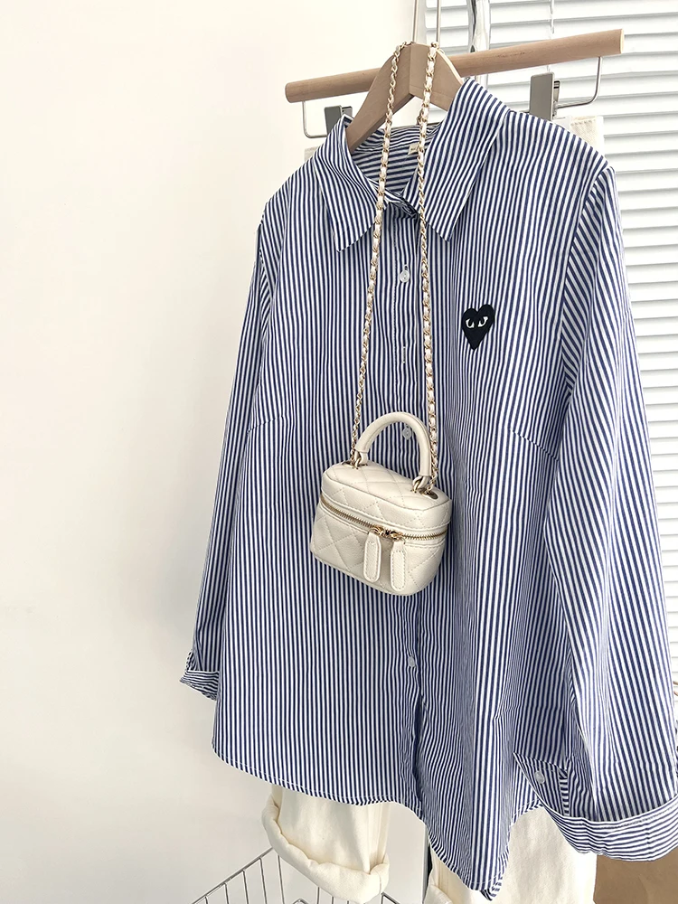 블루 스트라이프 셔츠 재킷 여성용 초봄 레이지 스타일 소형 사이즈 일본 스타일 자수 어깨 길이 긴 소매 탑