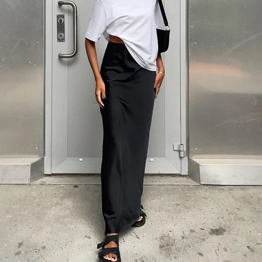 2024 여성 패션 새틴 스커트 하이 웨이스트 미디 스커트 스타일리쉬 여성 하이 스트리트 다용도 시크 우아한 여성 스커트