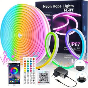 3535 RGB 네온 LED 스트립 조명 24V 5m 10m 20m 30m 네온 로프 조명 (음악 동기화 기능 포함) IP67 방수 조명 스트립 (홈 데코용)