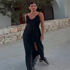 Tossy 블랙 레이스 인쇄 긴 드레스 여성을위한 v 넥 백리스 슬림 패치 워크 스파게티 파티 드레스 여성 여름 Bodycon 드레스