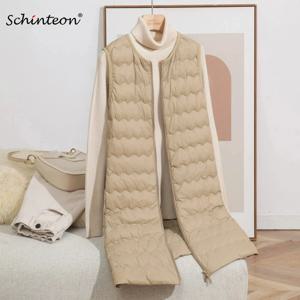 Schinteon 여성용 90% 경량 화이트 오리 다운 롱 조끼 Collarless 가을 겨울 민소매 자켓 (휴대용 가방 포함) 2025