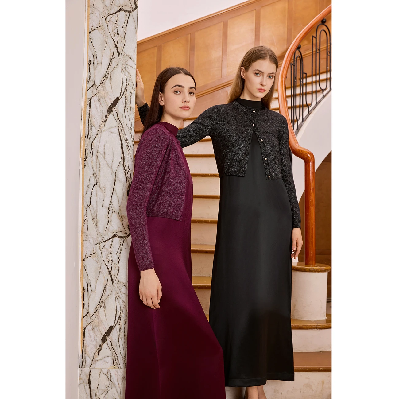 AP 여성 2026 가을 겨울 모달 셔츠 및 O넥 아세테이트 새틴 맥시 드레스 루렉스 가디건 고품질 여성 의류