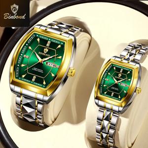 빈본드 신제품 2개 세트 사각 커플 시계 패션 스테인리스 남녀 쿼츠 시계 연인용 방수 날짜 요일 야광 시계