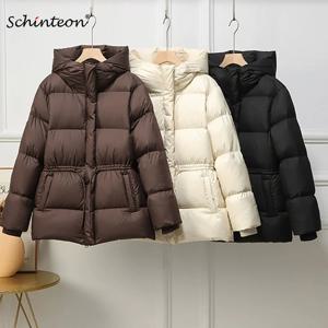 Schinteon 여성 벨트 다운 재킷 후드 포함 가을 겨울 따뜻한 두꺼운 외투 화이트 덕 다운 캐주얼 코트 2025 신상