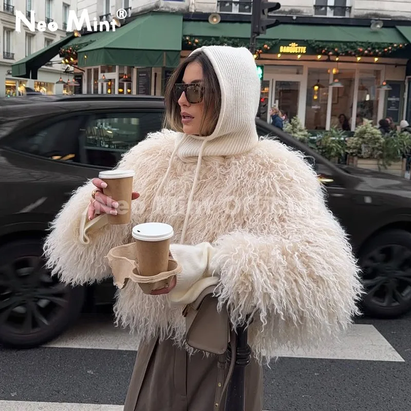 네오 민트 시크 스트리트 걸즈 라운드 넥 인조 몽골리아 양털 코트 여성용 2025 겨울 플러피 따뜻한 퍼 재킷 크롭 아우터웨어