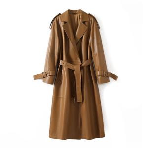 스타일리시 천연 가죽 여성용 왁스드 양가죽 트렌치코트 2025 가을 브라운 래글런 소매 여성용 롱 레이스업 트렌치 아우터웨어