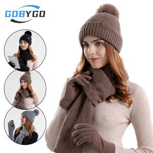 고비고 3종 세트 겨울 모자 스카프 터치스크린 장갑 따뜻한 모자 스카프 장갑 귀마개 패션 니트 울 모자 여성용 세트