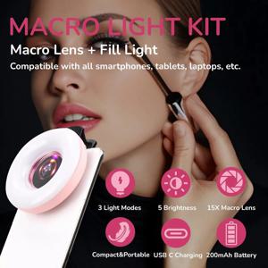 15배율 매크로 렌즈 (모바일용) + 필링 링 라이트 셀카 라이브 램프 LED 셀카 링라이트 (아이폰, 웹캠, 노트북, 사진 촬영, 메이크업용)