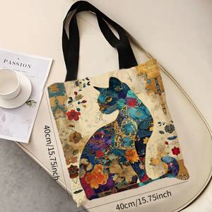 고양이 꽃무늬 디자인 핸드백 복고풍 패턴 장식 토트백 일상 캐주얼 사용 숄더백, 대용량 실용 쇼핑백