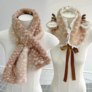 크리스마스 엘크 플러시 스카프 사슴 귀 뿔 머리띠 순록 털 두꺼운 귀마개 DIY 부드러운 인조 털 패딩 따뜻한 롱 스카프