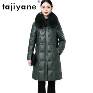 TAJIYANE 100% 최상급 양가죽 다운 코트 여성용 그린 진짜 가죽 롱 패딩 재킷 폭스 퍼 칼라 2025 겨울 의류