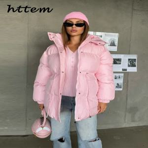 시크한 반사 소재 레이스업 후드 코튼 재킷 여성용 스탠드 칼라 긴 소매 지퍼 따뜻한 외투 2025 겨울 여성 아우터